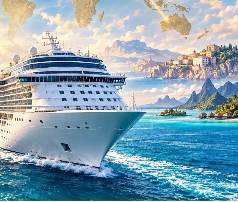 Illustration of a cruise ship on a world voyage, with a gilded world map above